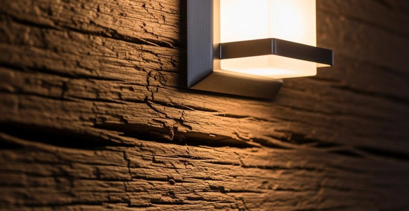 Détail photographique montrant la rencontre harmonieuse entre une poutre ancienne en bois et une installation moderne dans une maison rénovée.