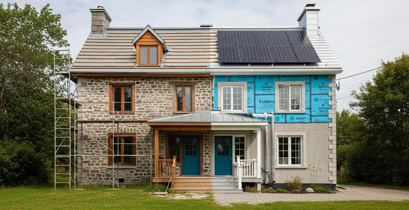 Photographie réaliste illustrant une maison québécoise moderne en rénovation intégrant des technologies durables et des éléments traditionnels.
