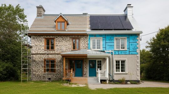 Photographie réaliste illustrant une maison québécoise moderne en rénovation intégrant des technologies durables et des éléments traditionnels.