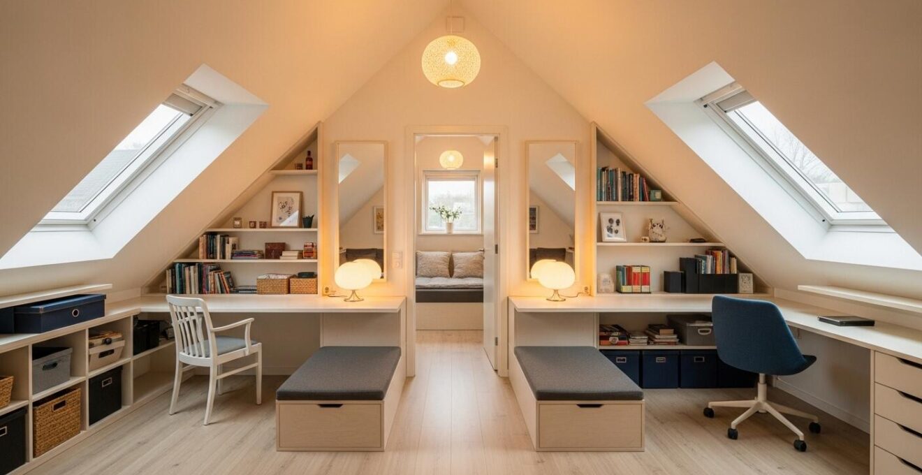 Intérieur mansardé aménagé avec mobilier sur mesure et zones fonctionnelles lumineuses optimisées pour petites hauteurs sous plafond