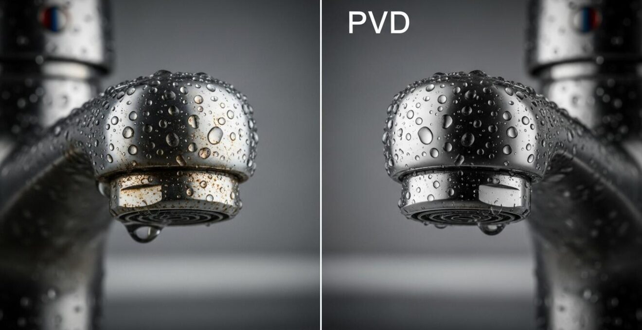 Comparaison visuelle entre différents finis de robinetterie exposés à de l'eau calcaire dans une salle de bain québécoise