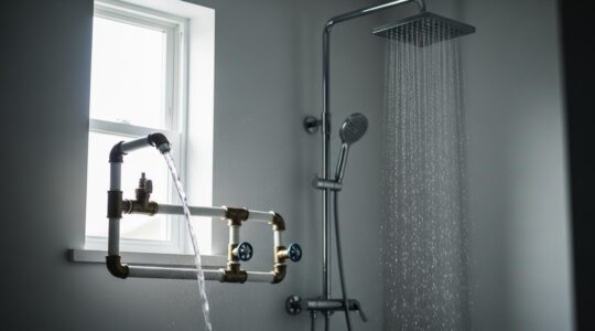 Maison québécoise en rénovation avec un système de plomberie visible illustrant la pression d'eau et une douche écologique en fonctionnement