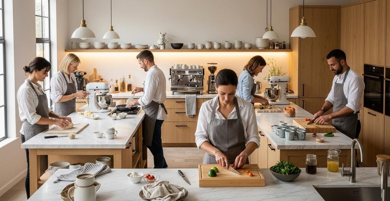 Cuisine moderne et lumineuse organisée en zones de travail distinctes avec plusieurs personnes cuisinant en harmonie.