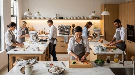 Cuisine moderne et lumineuse organisée en zones de travail distinctes avec plusieurs personnes cuisinant en harmonie.