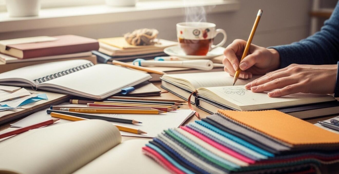 Macro photo détaillée d’un espace créatif, objets épars, touche de vie, sensation de liberté sans désordre excessif.