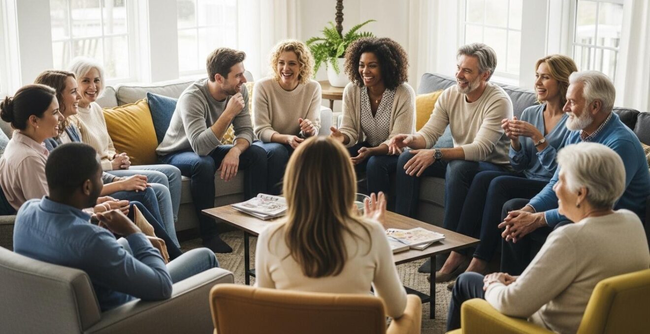Photographie haut de gamme de plusieurs personnes discutant, assises en cercle convivial dans un salon moderne et lumineux.