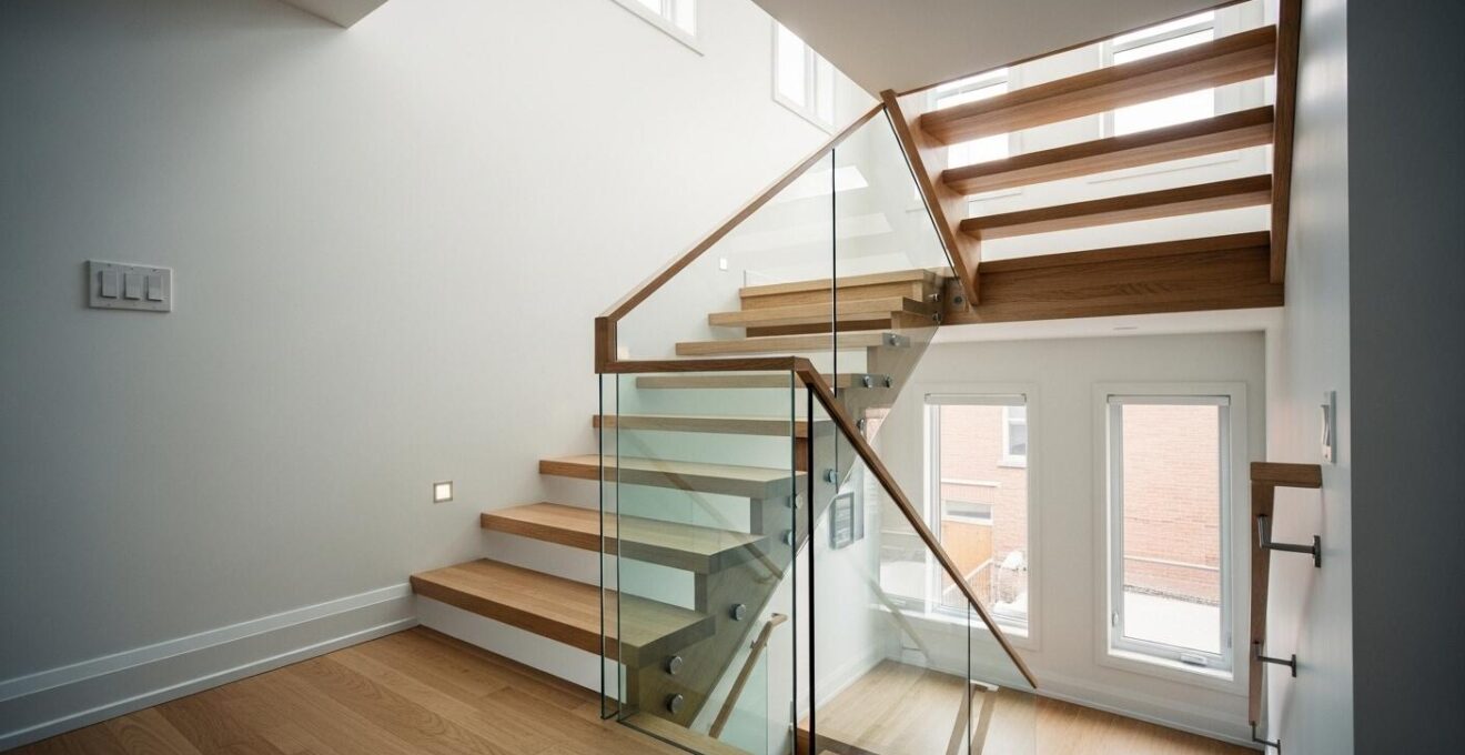 Escalier intérieur moderne en bois clair avec marches ajourées et garde-corps en verre dans une maison québécoise lumineuse
