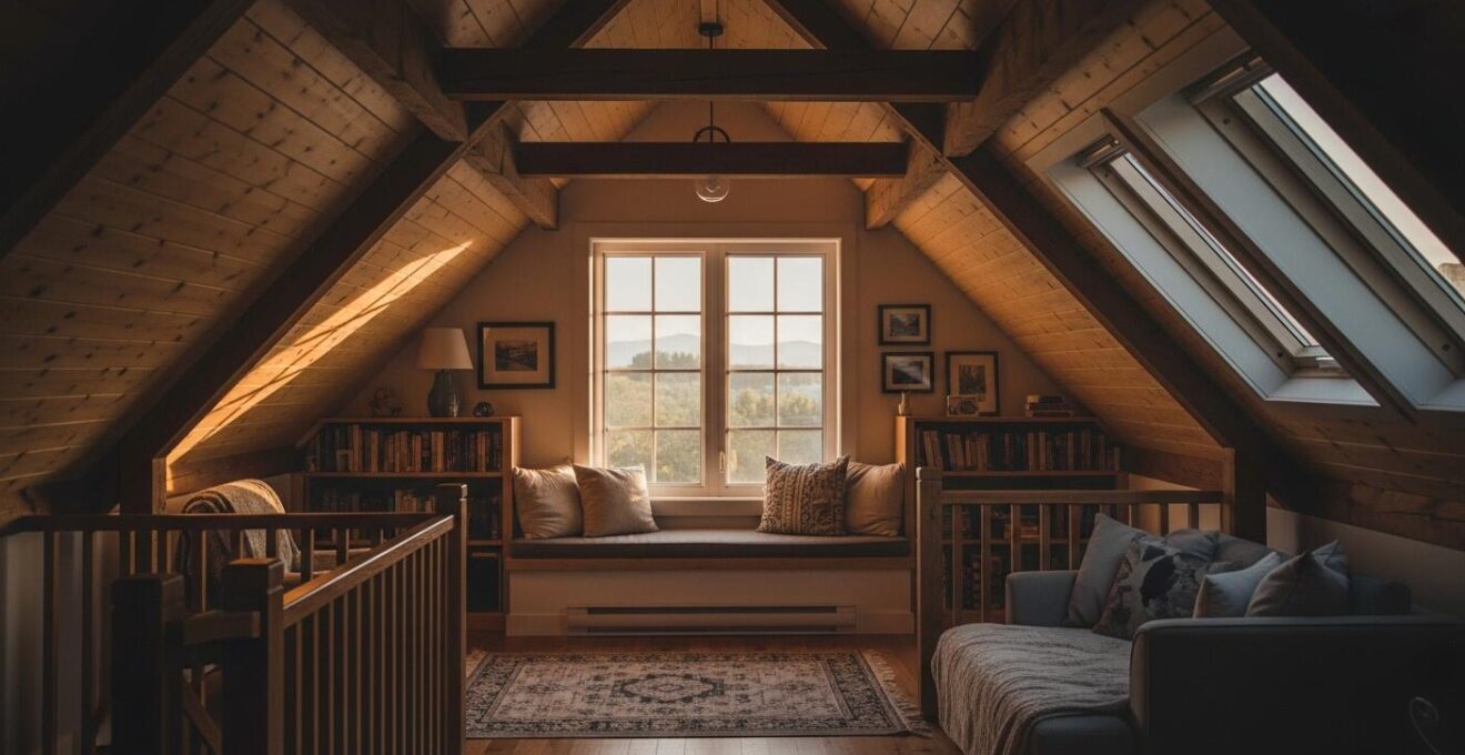 Fenêtre de toit illuminant chaleureusement des combles aménagés au Québec avec vue sur paysage hivernal