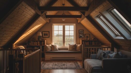 Fenêtre de toit illuminant chaleureusement des combles aménagés au Québec avec vue sur paysage hivernal