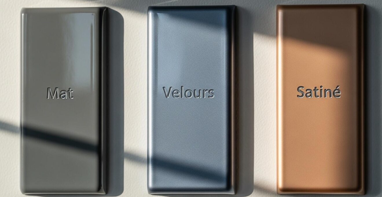 Illustration comparative des effets de la lumière sur les finitions de peinture mat, satiné et velouté dans une pièce intérieure.