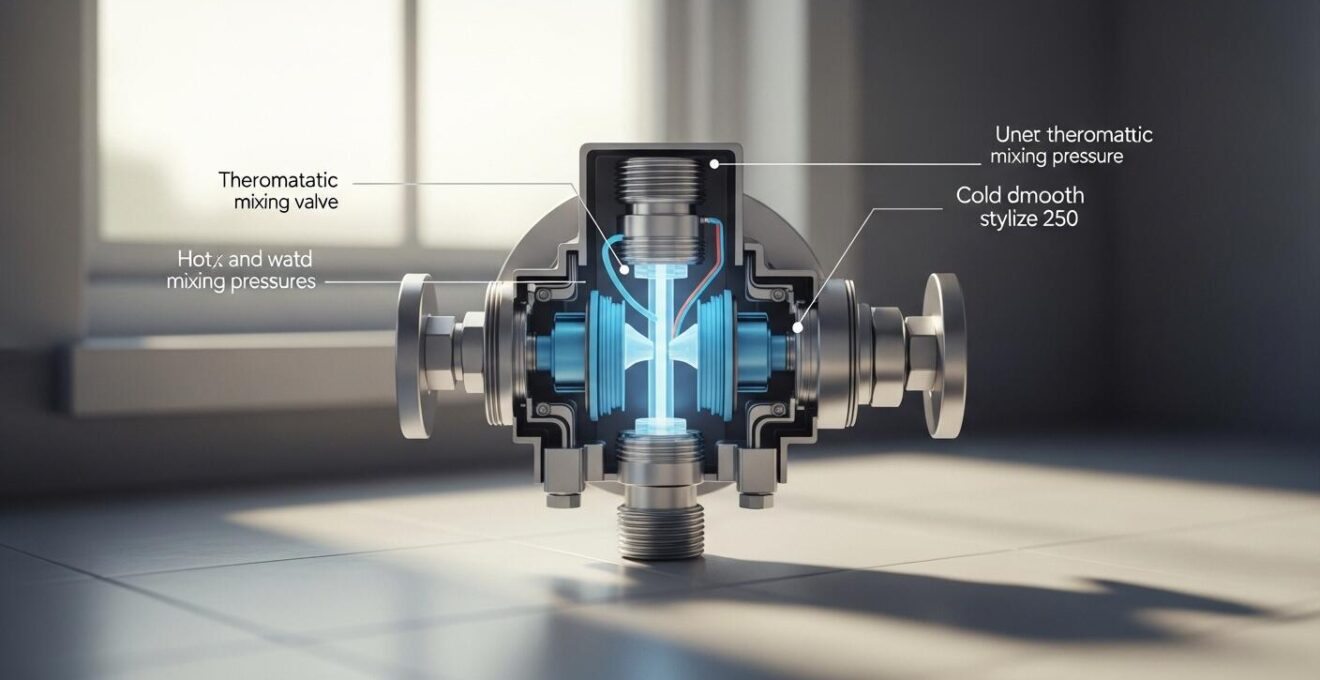 Vue schématique et réaliste d’un mitigeur thermostatique montrant l’équilibrage de la pression de l’eau chaude et froide.