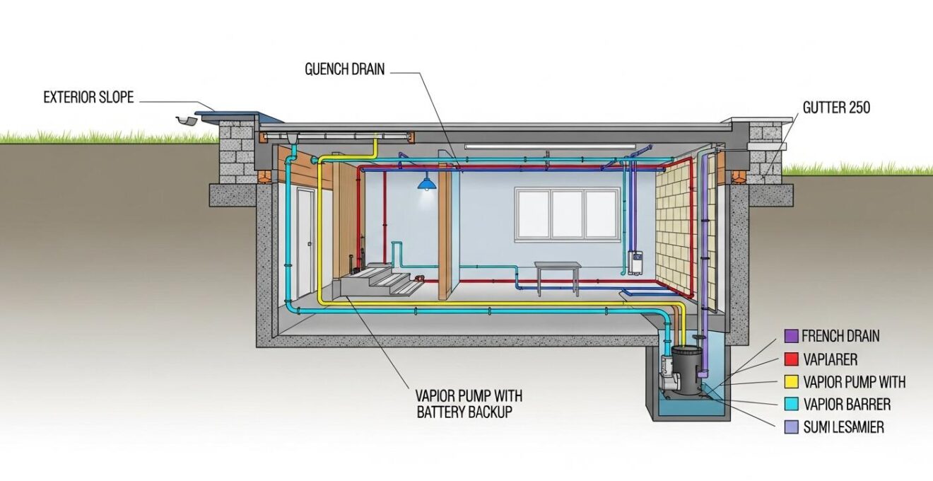 Illustration schématique du système complet de gestion de l'humidité dans un sous-sol avec drain français, pompe à puisard, membrane pare-vapeur et ventilation