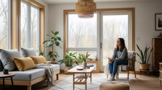 Scène de salon lumineux et harmonieux avec lumière naturelle, matières douces et décoration apaisante.