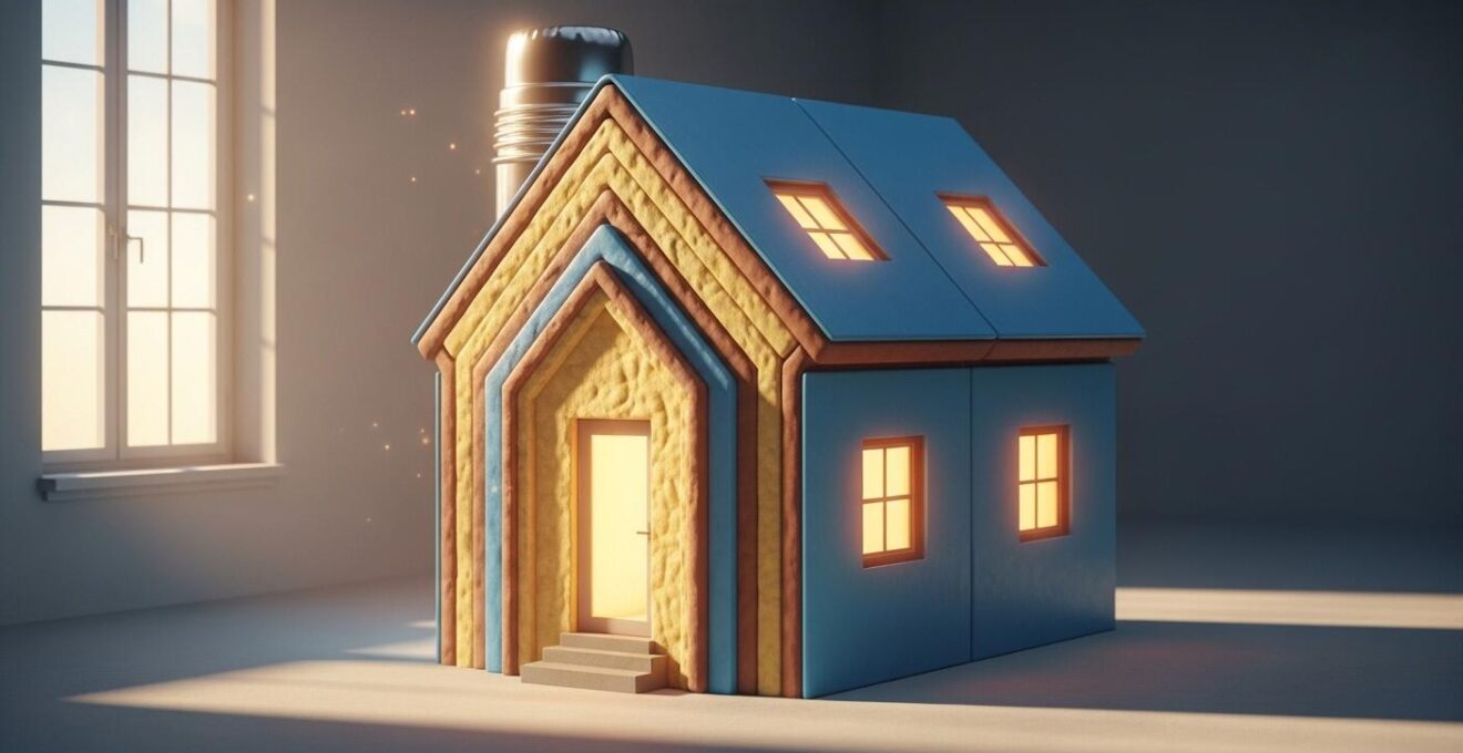 Illustration symbolique d'une maison ressemblant à une bouteille thermos, montrant une enveloppe isolante efficace avec des couches distinctes et une lumière douce symbolisant le confort thermique.