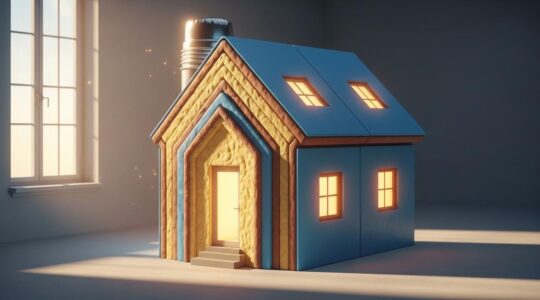 Illustration symbolique d'une maison ressemblant à une bouteille thermos, montrant une enveloppe isolante efficace avec des couches distinctes et une lumière douce symbolisant le confort thermique.