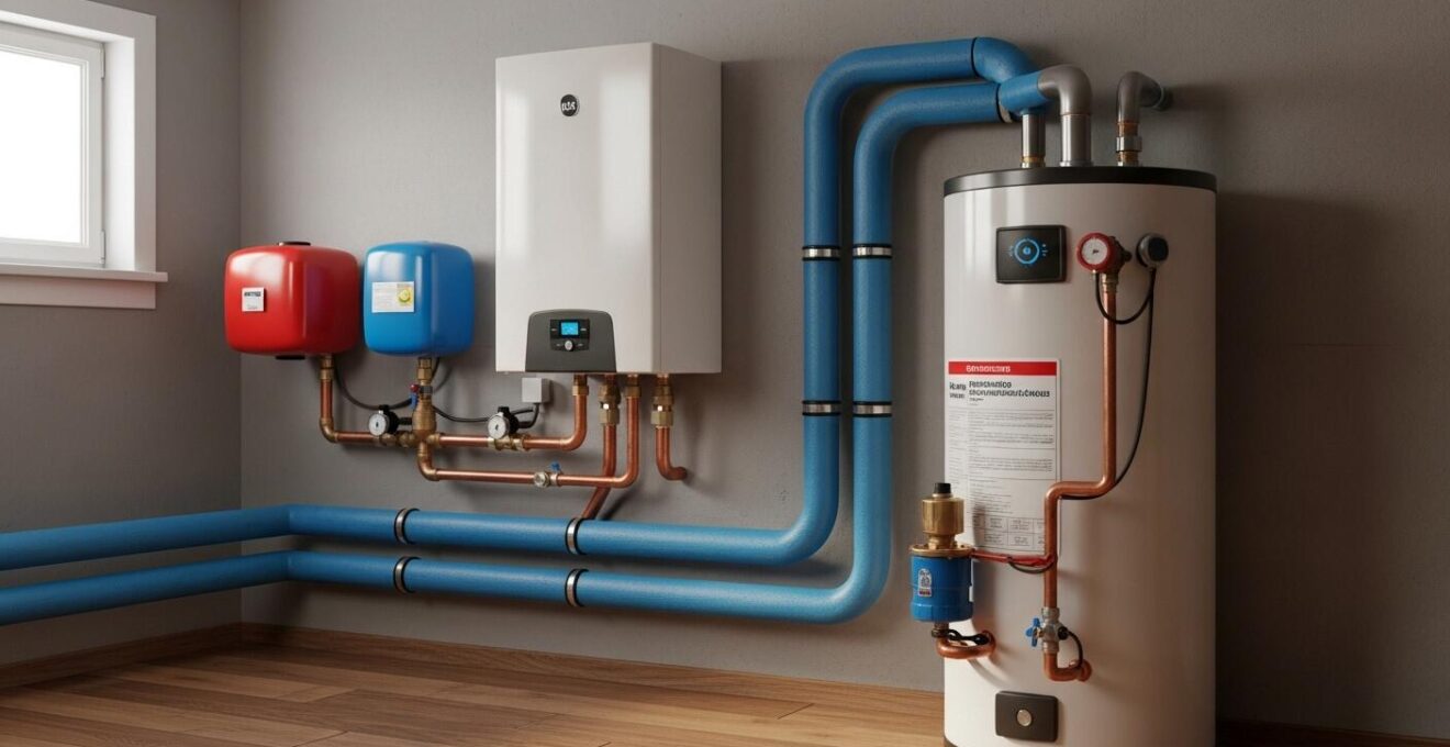 Illustration montrant un chauffe-eau équipé d’isolations et d’un système de recirculation d’eau chaude dans une maison québécoise.