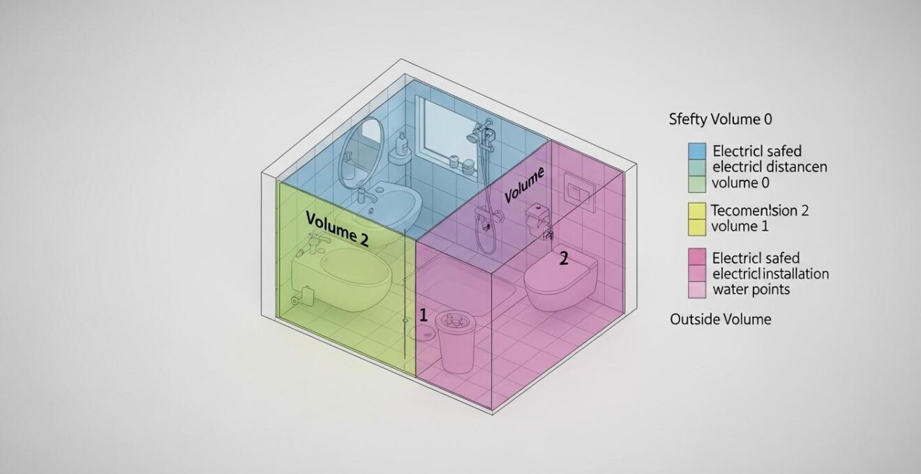 Schéma 3D des volumes électriques dans une salle de bain selon le code du Québec avec mises en garde sécurité