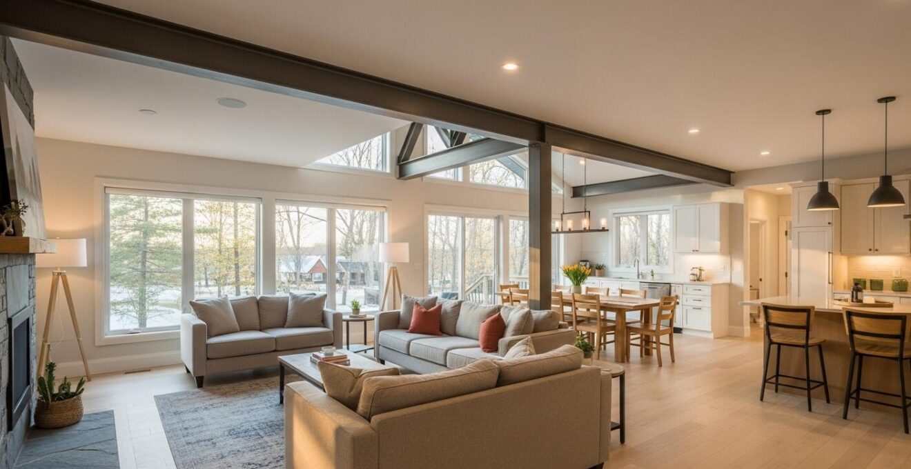 Une grande pièce à aire ouverte moderne au Québec avec lumière naturelle, mobilier convivial et éléments architecturaux visibles