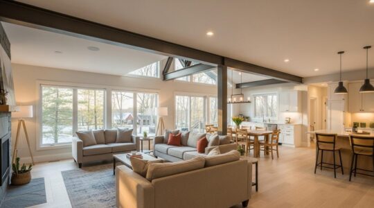 Une grande pièce à aire ouverte moderne au Québec avec lumière naturelle, mobilier convivial et éléments architecturaux visibles