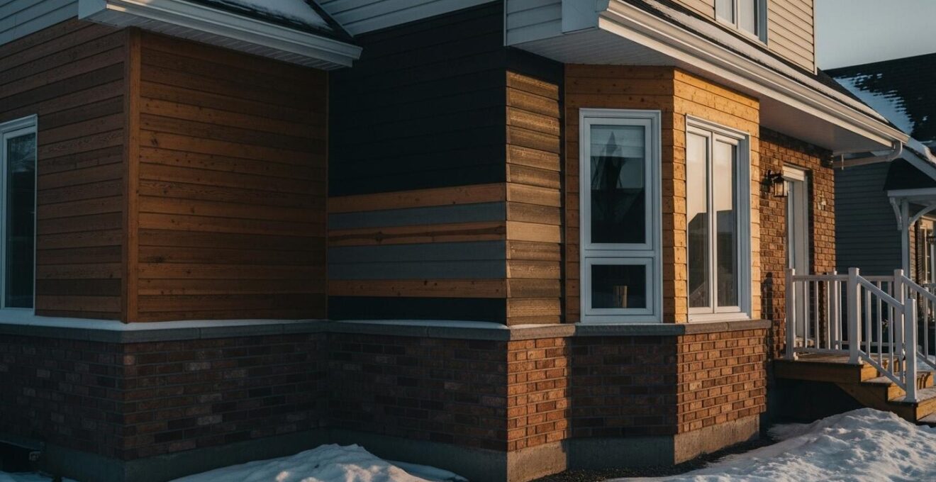Maison québécoise rénovée avec un revêtement extérieur résistant aux intempéries hivernales