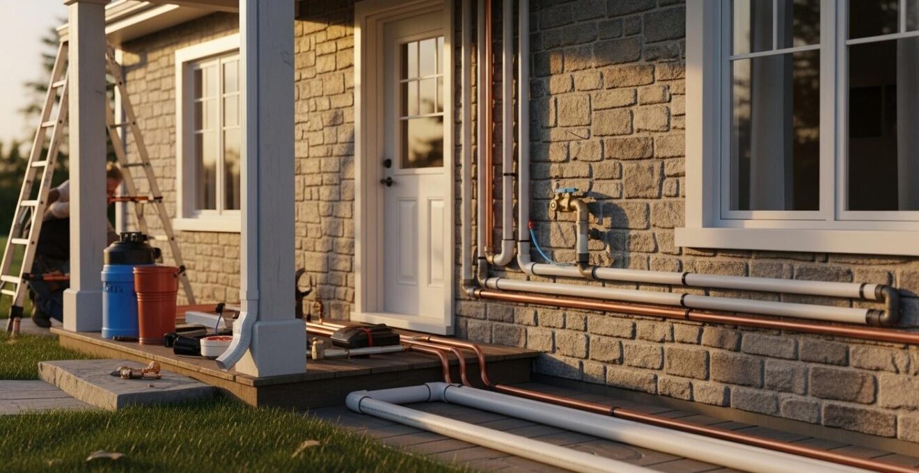 Vue d'une maison québécoise avec travaux de plomberie en cours, montrant des tuyaux modernes et des outils de plombier