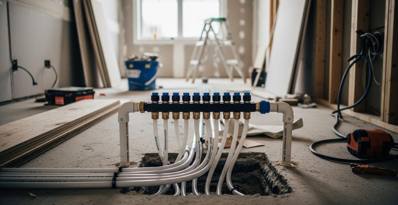 Vue moderne d'une plomberie en rénovation dans une maison québécoise, mettant en avant un réseau de tuyaux en PEX avec collecteur, symbolisant durabilité et innovation.