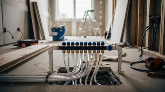 Vue moderne d'une plomberie en rénovation dans une maison québécoise, mettant en avant un réseau de tuyaux en PEX avec collecteur, symbolisant durabilité et innovation.