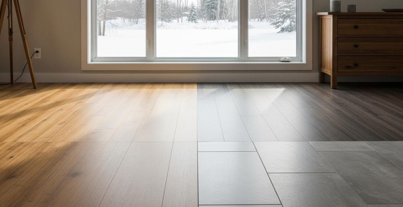 Intérieur moderne montrant divers types de revêtements de sol dans une maison québécoise avec éléments hivernaux visibles à l'extérieur