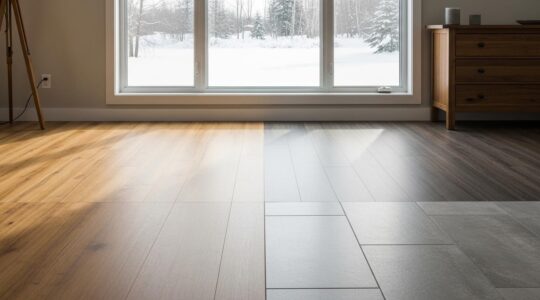 Intérieur moderne montrant divers types de revêtements de sol dans une maison québécoise avec éléments hivernaux visibles à l'extérieur