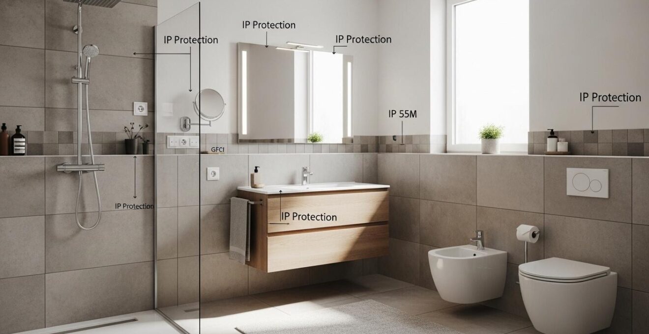 Salle de bain moderne et élégante intégrant des éléments techniques et de confort, symbolisant bien-être et ingénierie