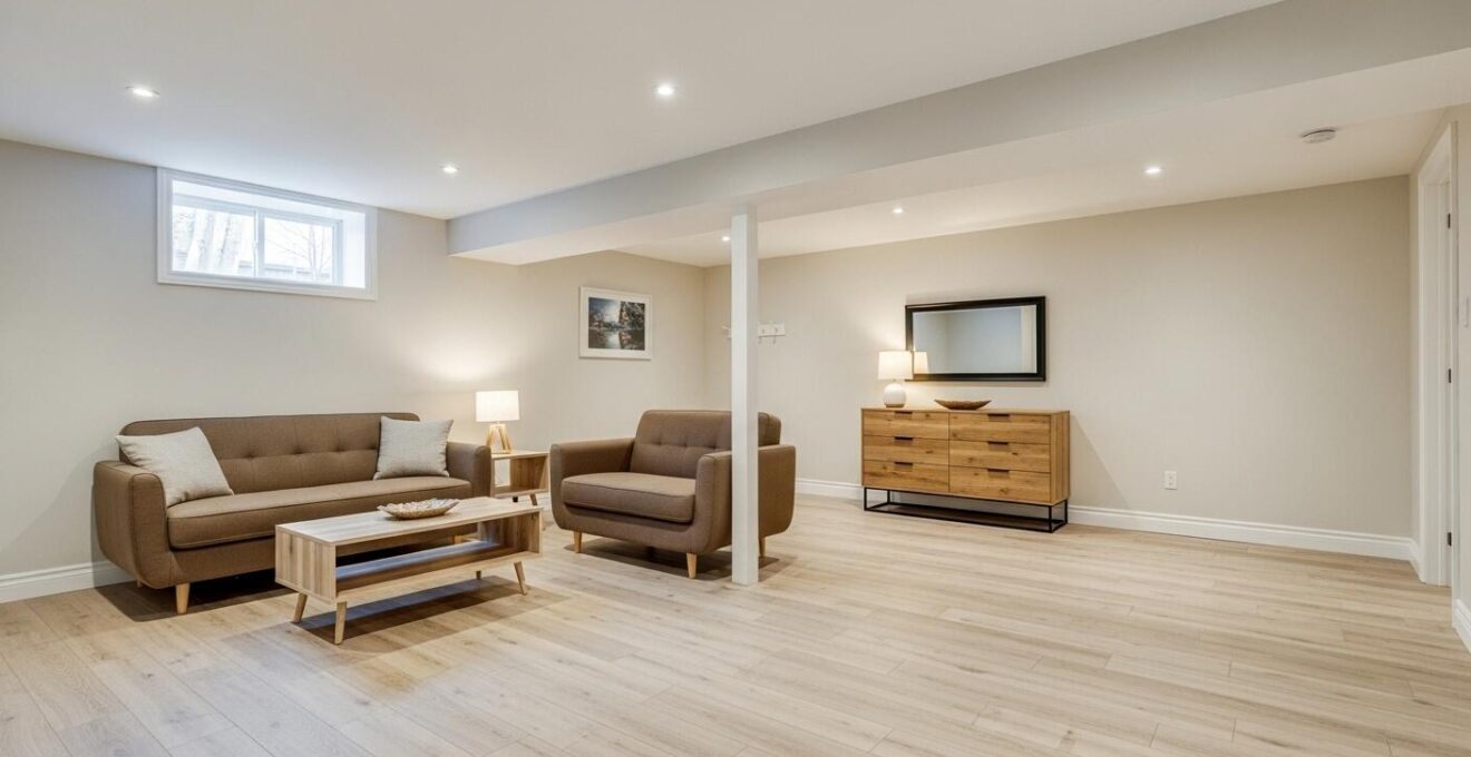 Vue lumineuse et accueillante d'un sous-sol rénové au Québec transformé en pièce de vie moderne avec lumière naturelle et matériaux sains