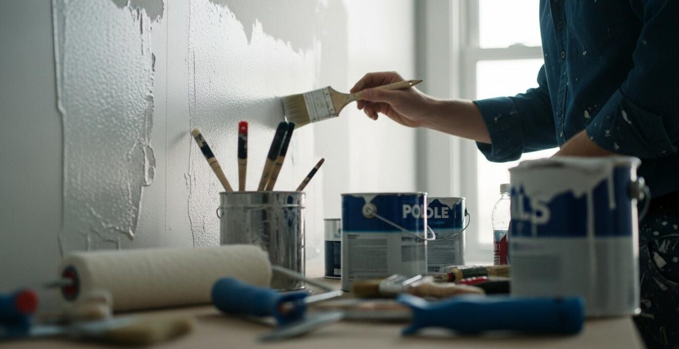 Un pinceau appliquant soigneusement une peinture brillante sur un mur intérieur, avec outils de préparation visibles et lumière naturelle nordique.