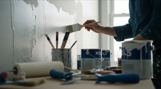 Un pinceau appliquant soigneusement une peinture brillante sur un mur intérieur, avec outils de préparation visibles et lumière naturelle nordique.