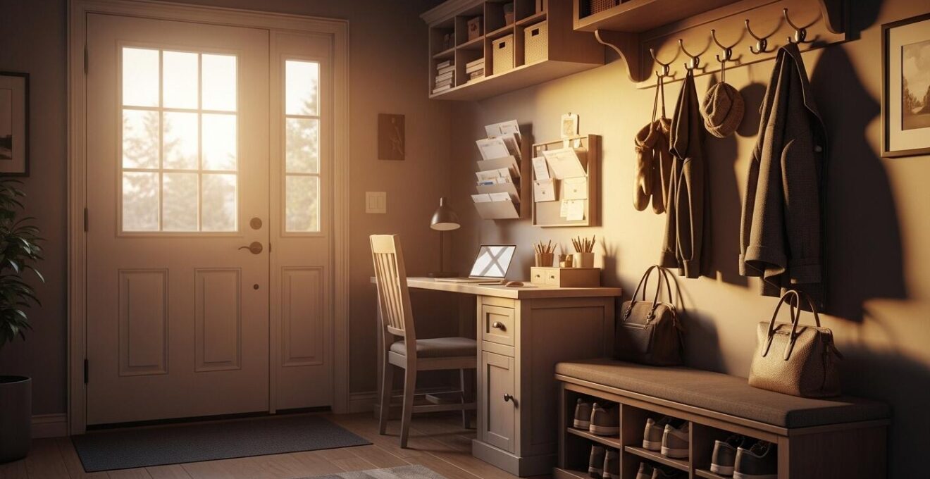 Illustration d'un vestibule québécois organisé avec un banc de rangement pour chaussures, crochets pour accessoires d’hiver, et un coin pour la paperasse avec rangement numérique.