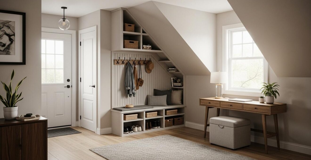 Vue d'un intérieur québécois bien organisé avec des rangements intégrés utilisant chaque recoin de la maison.