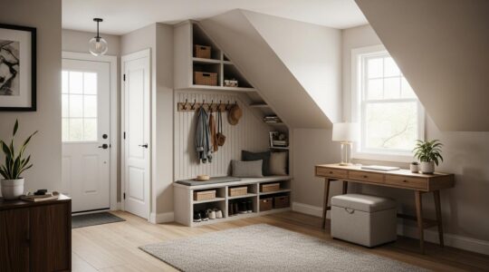 Vue d'un intérieur québécois bien organisé avec des rangements intégrés utilisant chaque recoin de la maison.