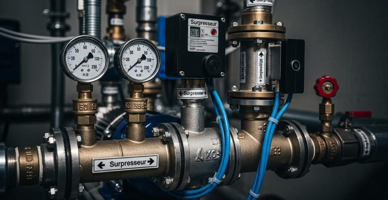 Illustration détaillée d’un surpresseur installé dans une maison québécoise avec indication des points clés pour une pression optimale.