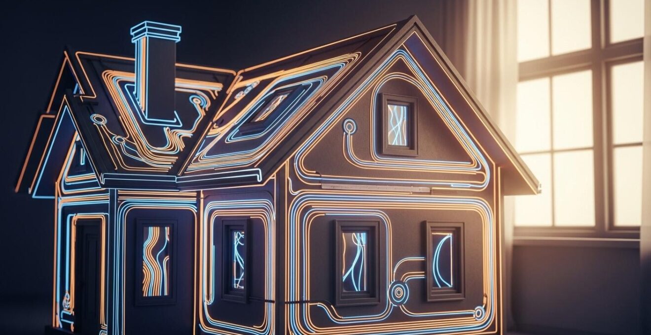 Schéma symbolique d'un système électrique résidentiel représenté comme le système nerveux d'une maison, illustrant la sécurité et la performance électriques au Québec.