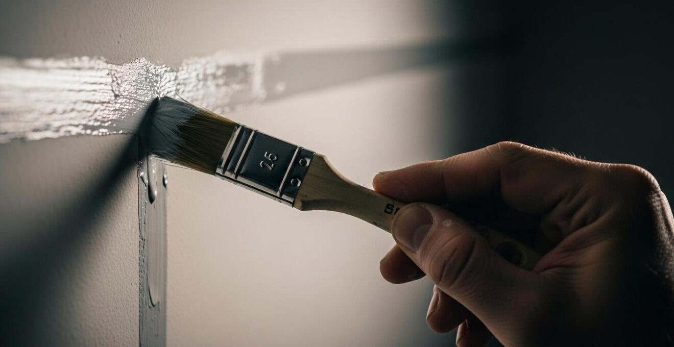 Peintre professionnel utilisant un pinceau angulaire pour découper parfaitement une ligne de peinture avec une application précise sur un mur intérieur.
