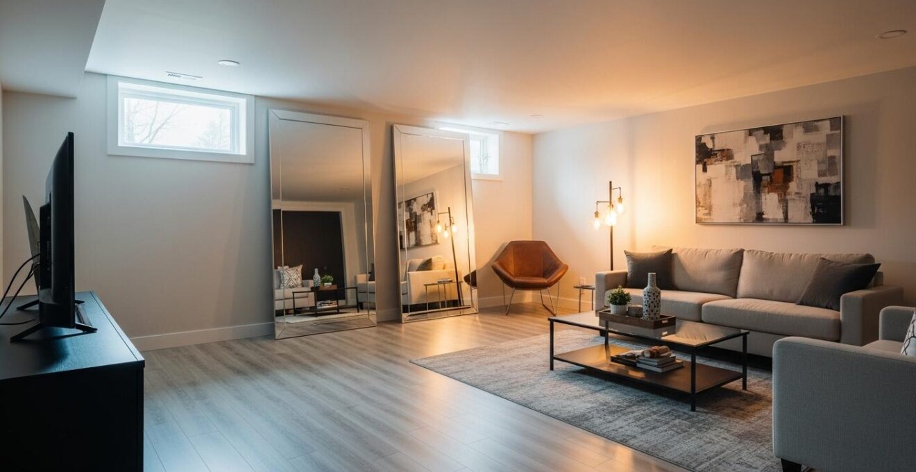 Photo réaliste d'un sous-sol rénové montrant l'effet d'amplification de la lumière grâce aux matériaux réfléchissants et éclairage LED circadien