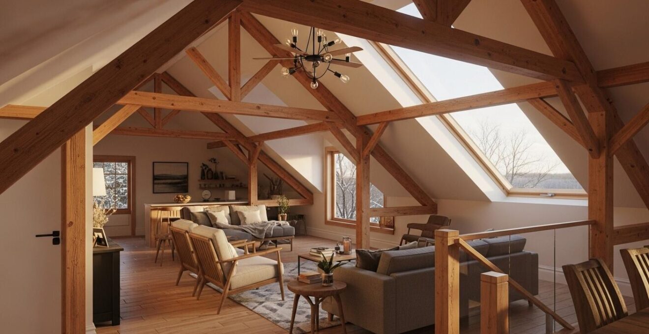 Vue intérieure lumineuse d'un grenier rénové transformé en pièce à vivre moderne au Québec avec poutres apparentes et grande fenêtre de toit