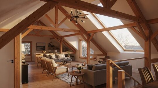 Vue intérieure lumineuse d'un grenier rénové transformé en pièce à vivre moderne au Québec avec poutres apparentes et grande fenêtre de toit