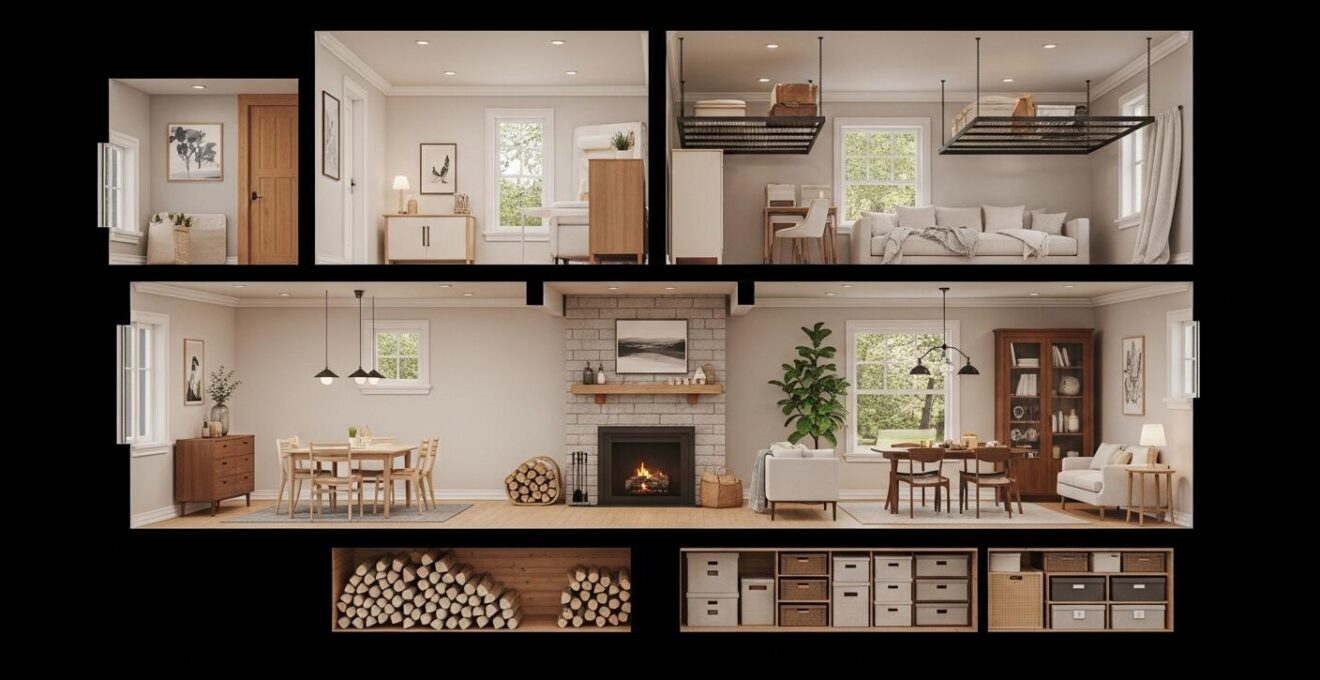 Illustration montrant l'aménagement optimisé d'espaces atypiques d'une maison québécoise, tels un sous-sol, une alcôve de cheminée et un plafond avec rangement suspendu.