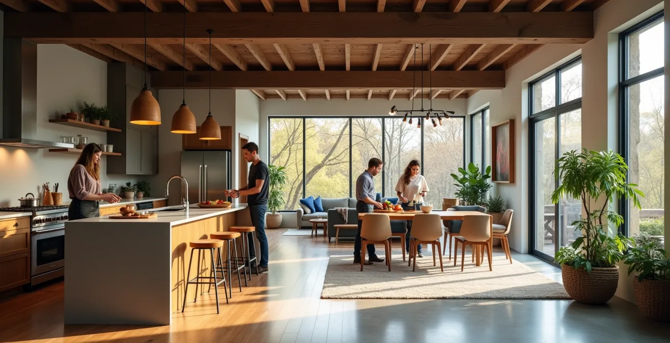 Espace de vie à aire ouverte avec poutre d'acier apparente et zonage par matériaux