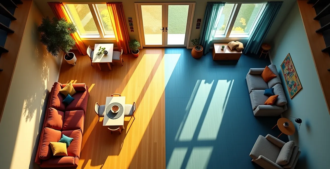 Plan architectural d'une maison québécoise montrant l'orientation optimale de chaque pièce selon les points cardinaux