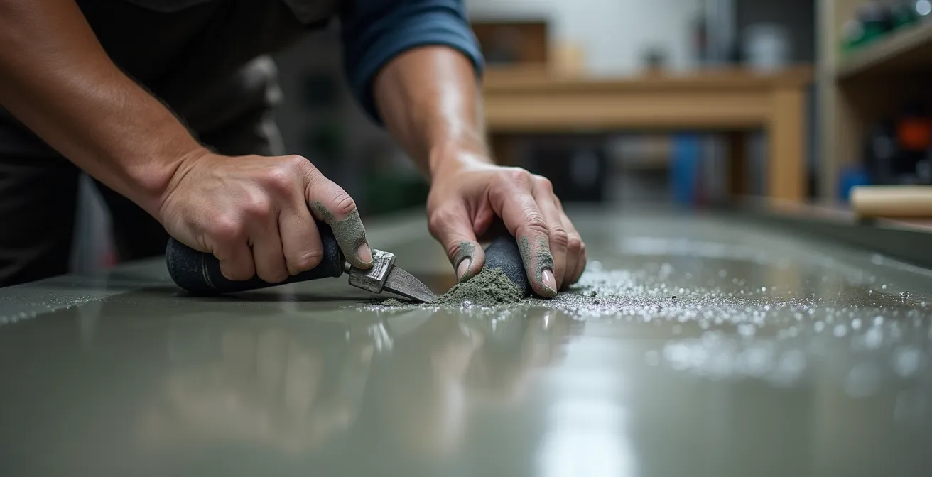 Artisan professionnel appliquant du béton ciré avec technique experte