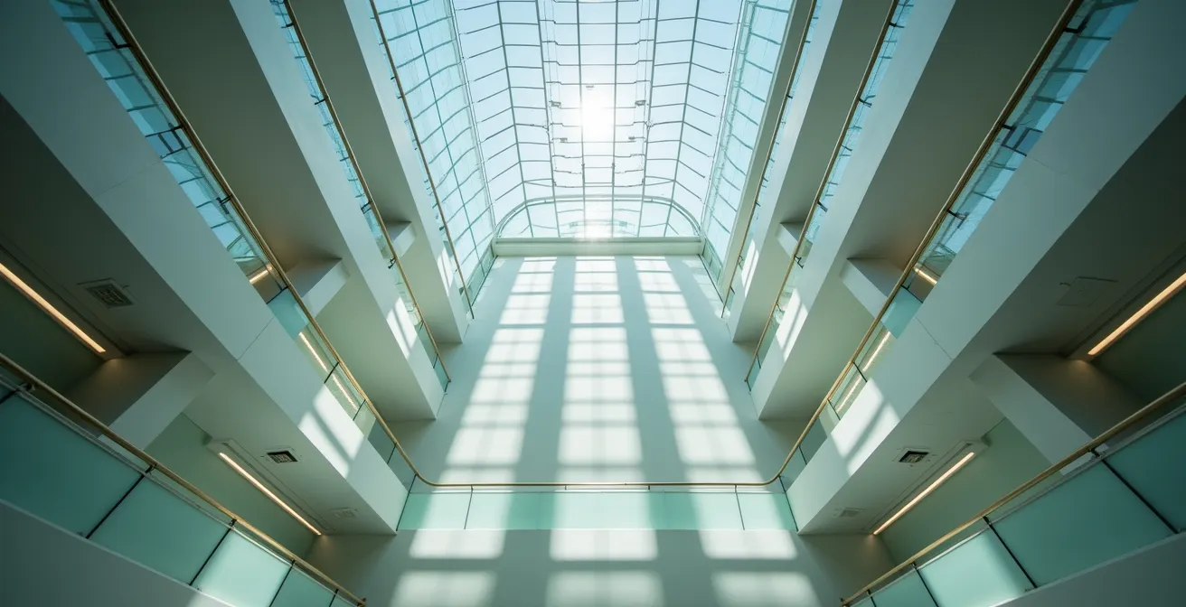 Vue en contre-plongée d'un puits de lumière moderne traversant plusieurs étages