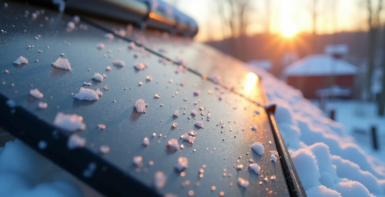 Capteurs solaires thermiques installés sur un toit québécois en hiver avec neige environnante