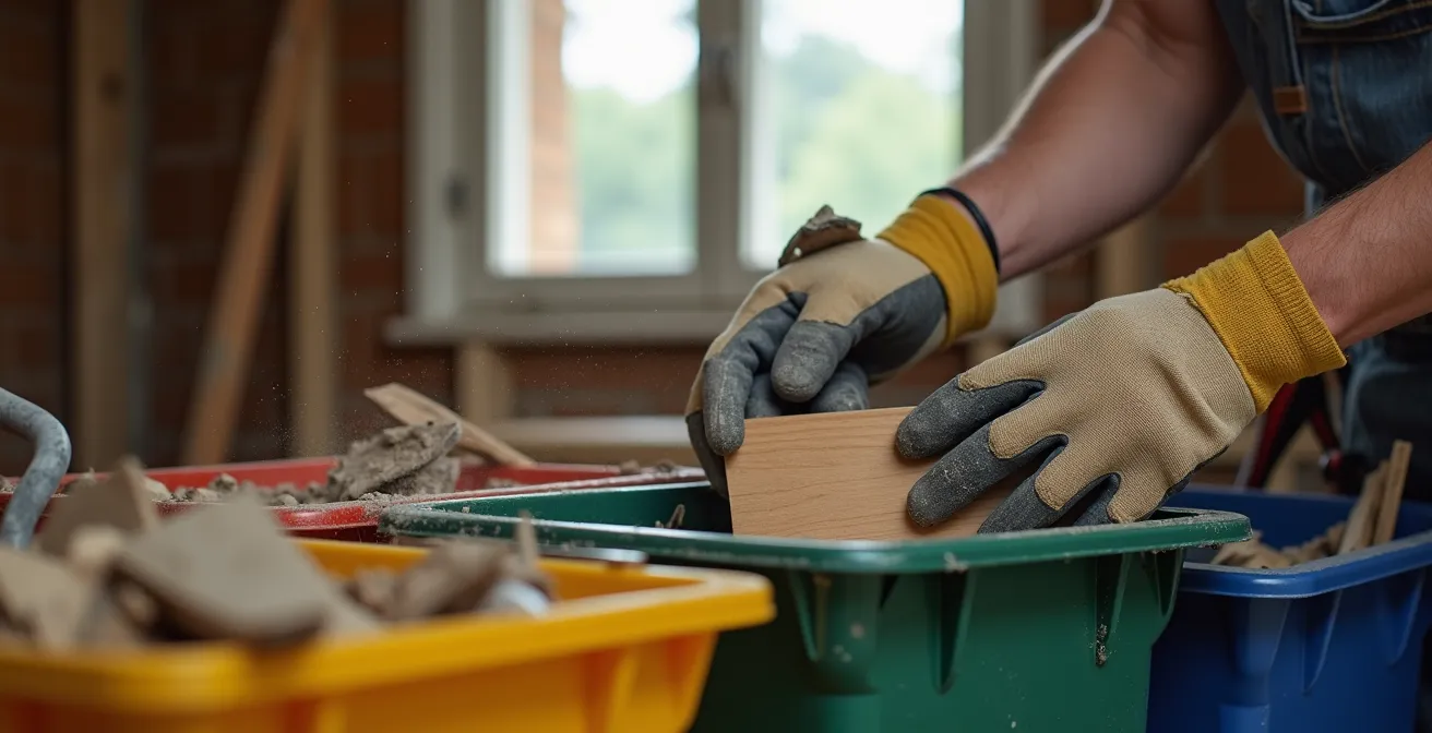 Chantier de rénovation organisé avec bacs de tri sélectif pour bois, métal et gypse