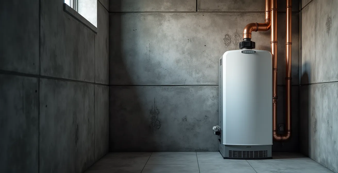 Chauffe-eau thermodynamique installé dans un sous-sol avec système de ventilation